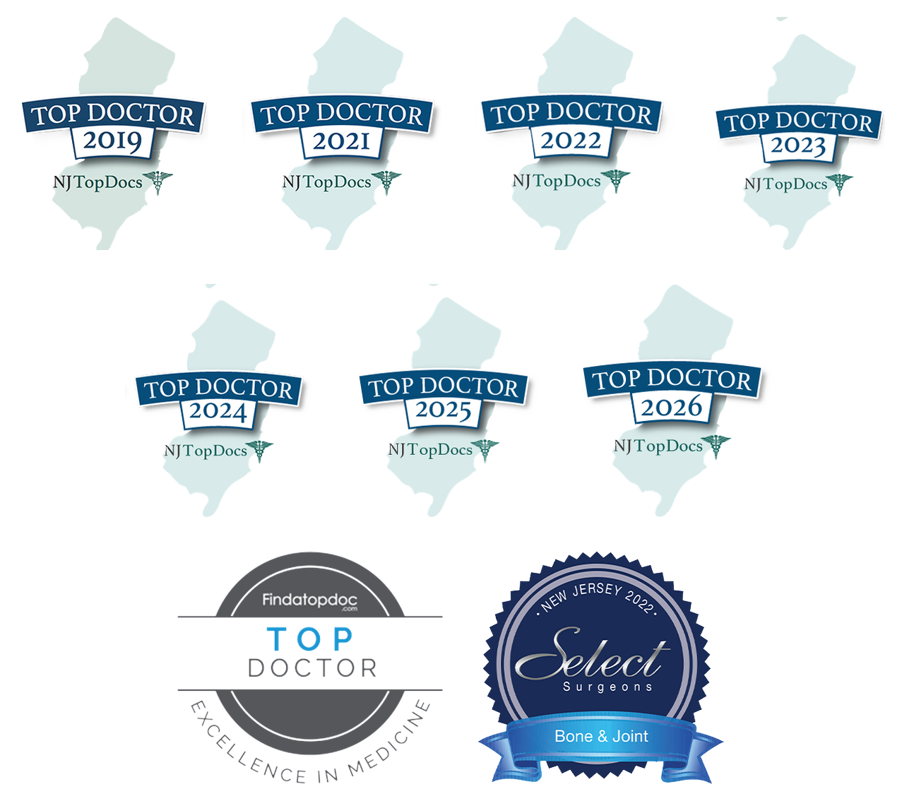Awards for Dr. Justin Kubeck: NJ Top Docs 2019, 2021, 2022, 2023, 2024, 2025, and 2026; Findatopdoc Excellence in Medicine; and NJ Select Surgeons Bone & Joint